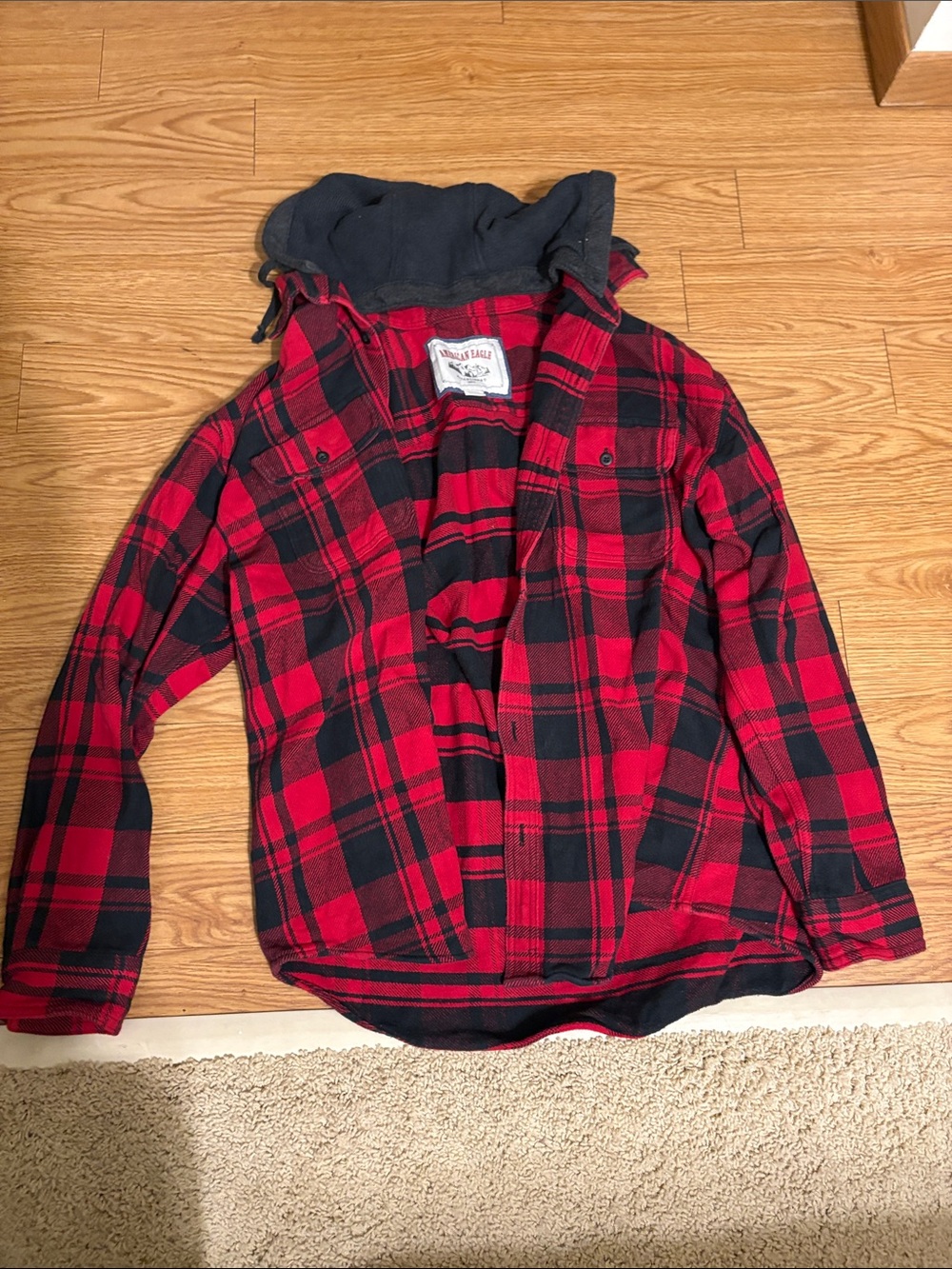 American Eagle Outfitters Red and Black Plaid Hooded Shirt Jacket